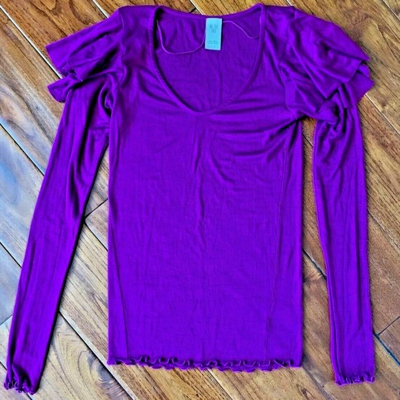 WE THE FREE People Purple Berry ON REWIND Ribbed Ruffle Long Sleeve Top Size xs - Picture 9 of 10